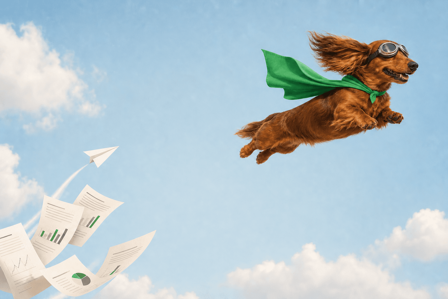 A dachshund in aviator goggles flying above option grant paperwork
